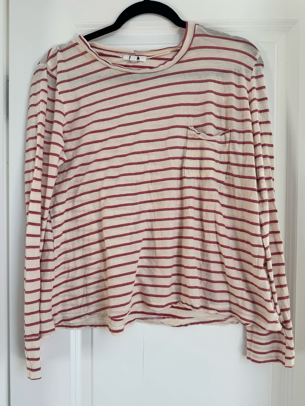 LNA Revolve Women Basic Red Cream Striped Long Sleeve Crew Neck T-Shirt Medium